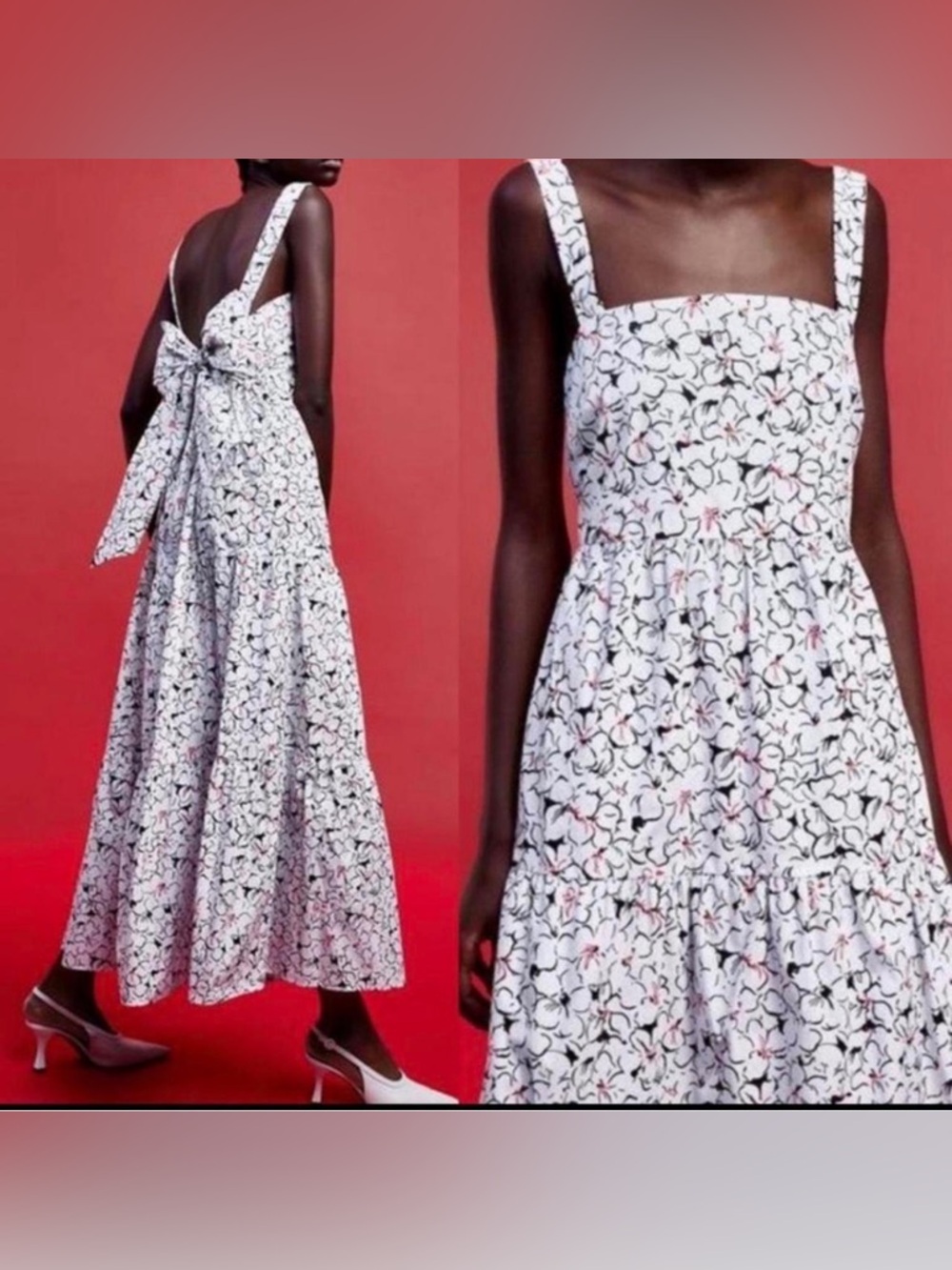 Zara White Maxi Dress with Black and Pink Floral Print - Picture 4 of 8